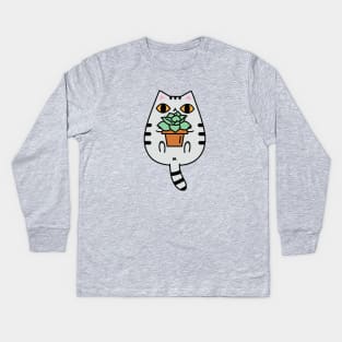 Gray Tabby Cat with Succulent Plant Kids Long Sleeve T-Shirt